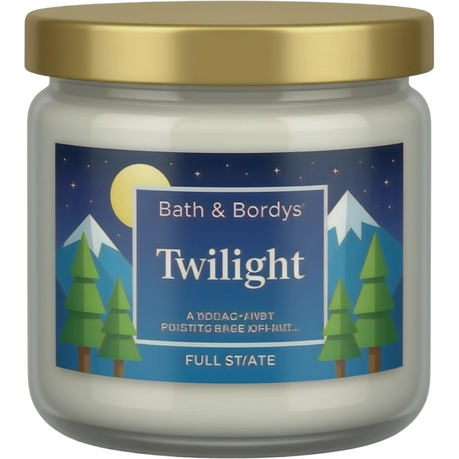 Ультра реалистичная свеча в стильной банке стекле с золотой крышкой bath and body works со вкусом twilight с красивой этикеткой во всю банку вокруг с луной соснами и горами emoji
