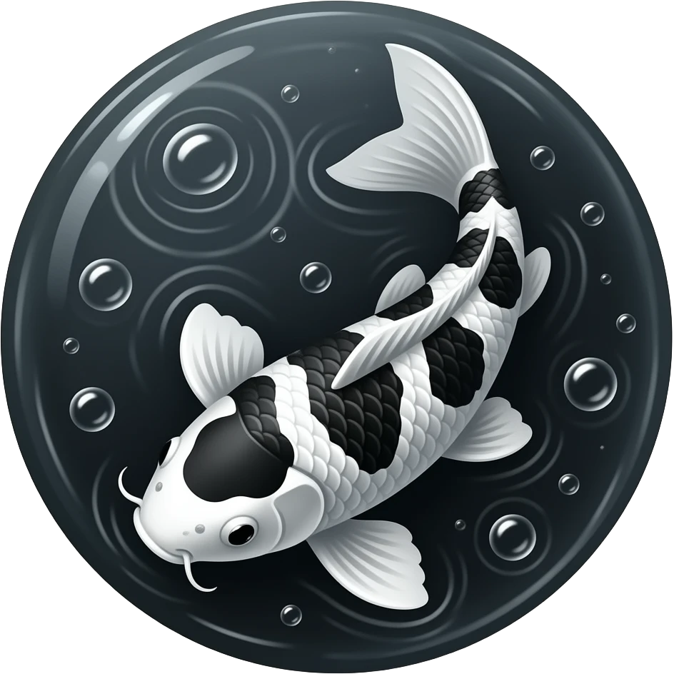 a black and white traditional legendary elite japanese koi fish, dark mode,bubbling**, white color emoji