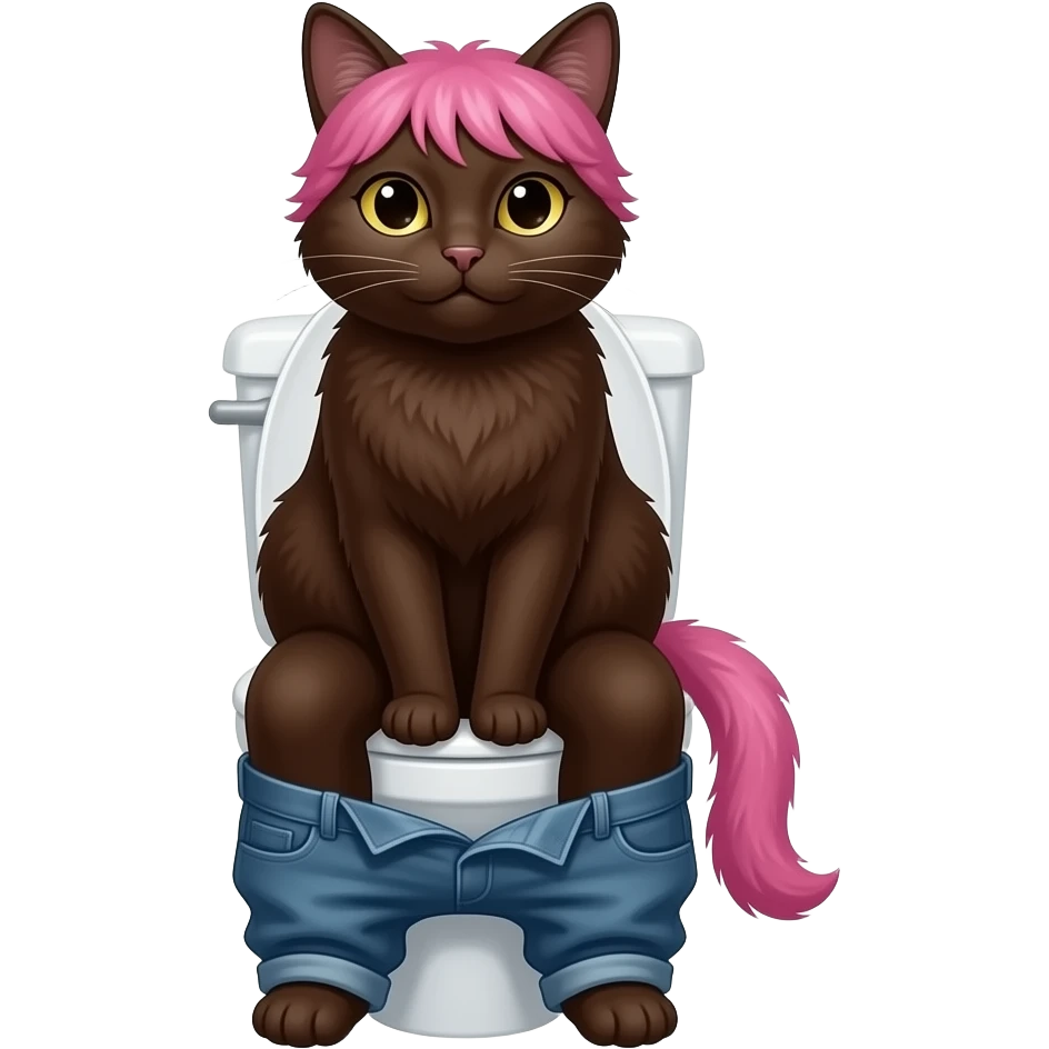Adult Female dark brown cat furry sit on toilet pants down,pink hair emoji