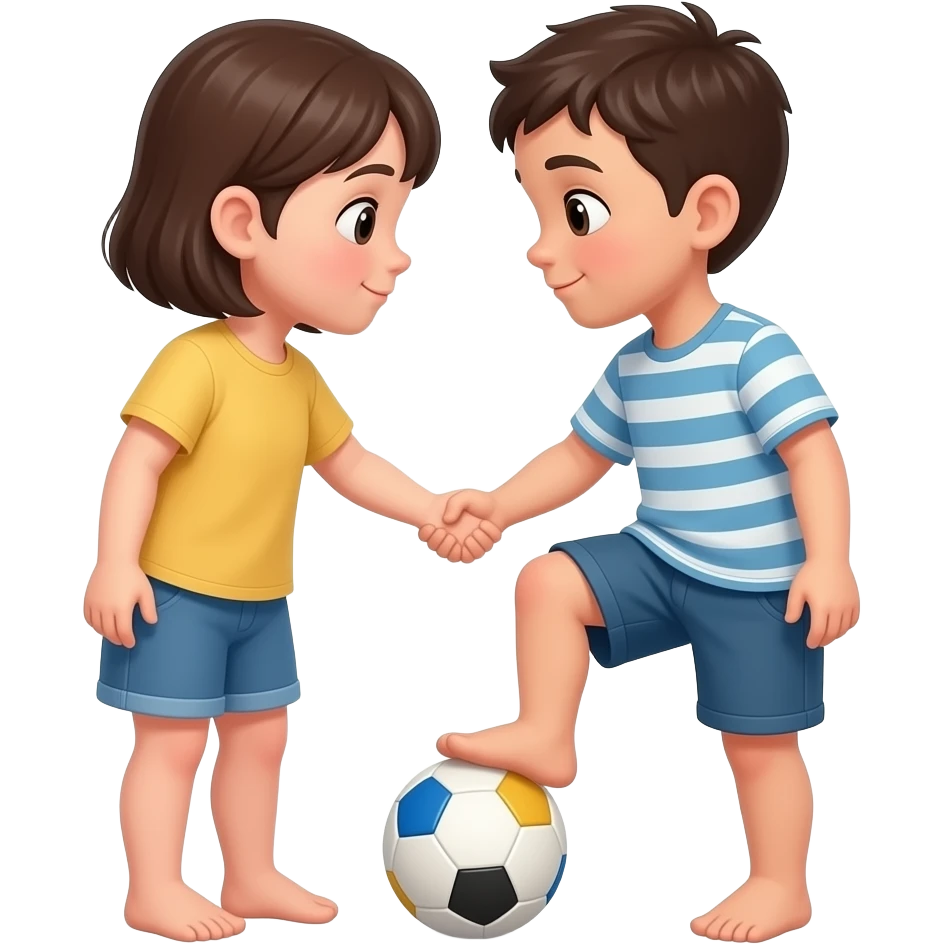 2 enfants face à face, qui se sert la main, un des enfants a un pied sur un ballon emoji