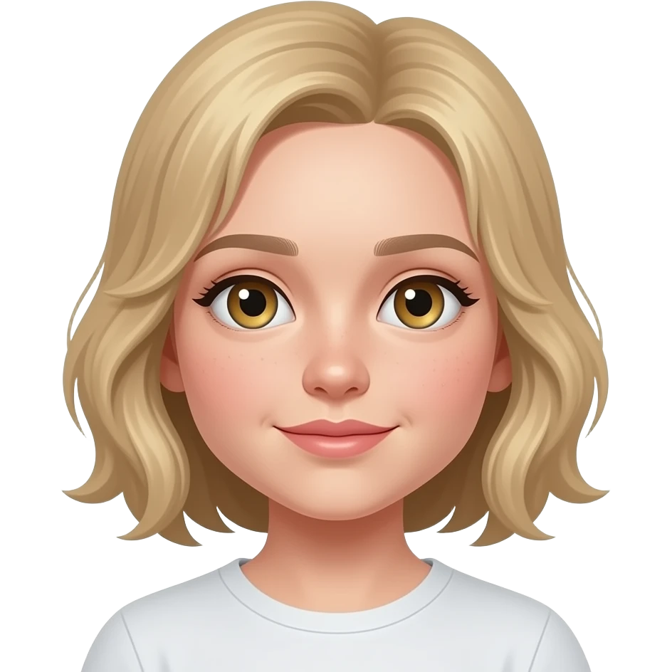make her have dirty blonde hair with light hazel eyes make her young with baby face emoji