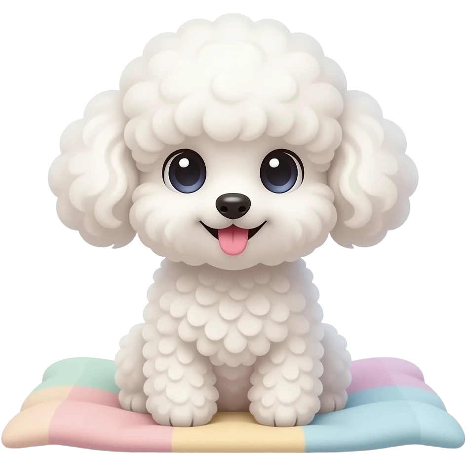 A cute fluffy white toy poodle sitting on a soft pastel blanket, huge sparkling eyes, curly fluffy fur, tiny pink tongue sticking out, cozy warm lighting, ultra adorable expression, detailed fur texture, soft shadows, kawaii aesthetic, high quality, centered composition emoji