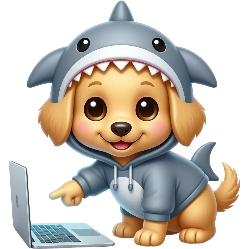 cute blonde puppy with grey shark hoodie pointing DOWN at screen emoji