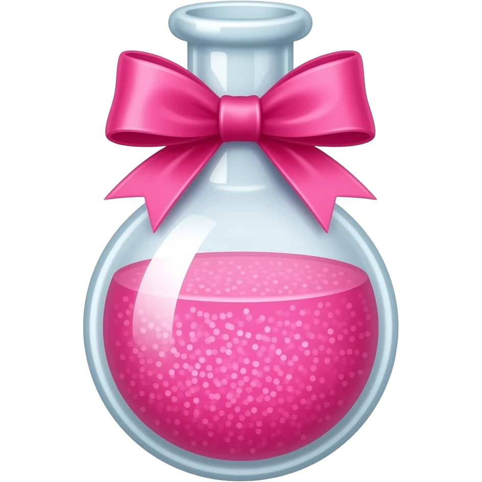 Eylimer de laboratório de vidro com liquido rosa com gliter dentro com um laço rosa amarrado por fora emoji