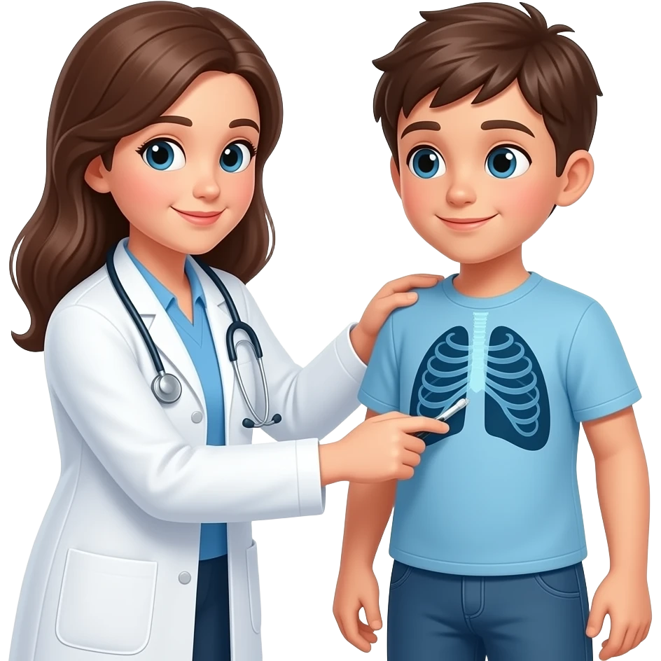 The pediatrician woman examines the boy lung`s scan emoji