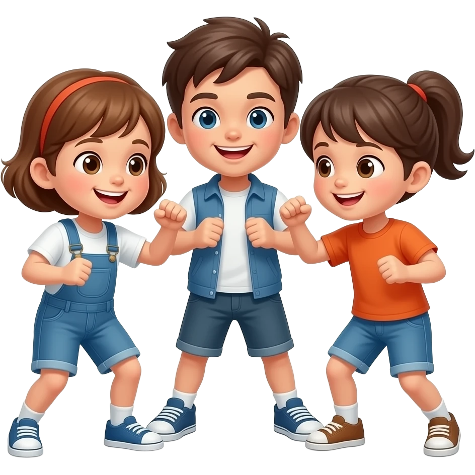 A detailed iOS-style emoji of three kids playfully fighting, emoji