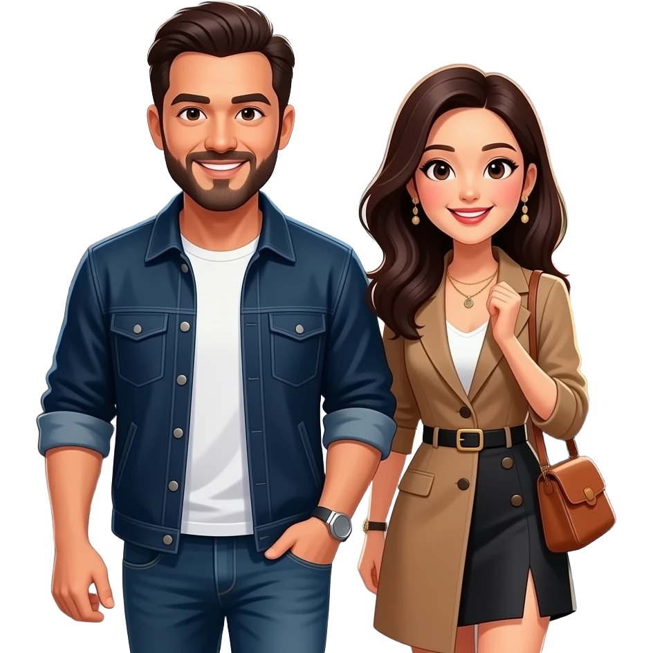 A bearded celebrity man in cool street clothes and Asian celebrity woman being being cheered by a crowd in the street emoji