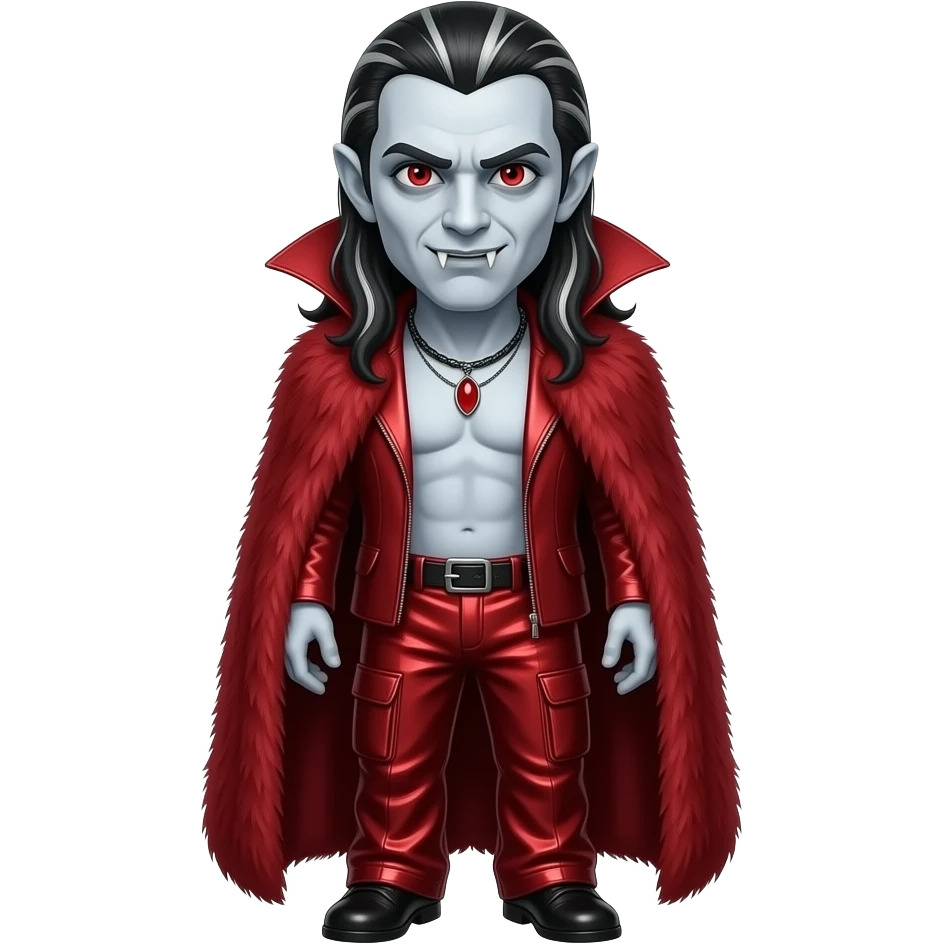 Count Dracula with pale grey skin, red eyes, long black hair with white highlights, crimson fur coat, crimson metallic faux baggy pants, shirtless with necklace emoji