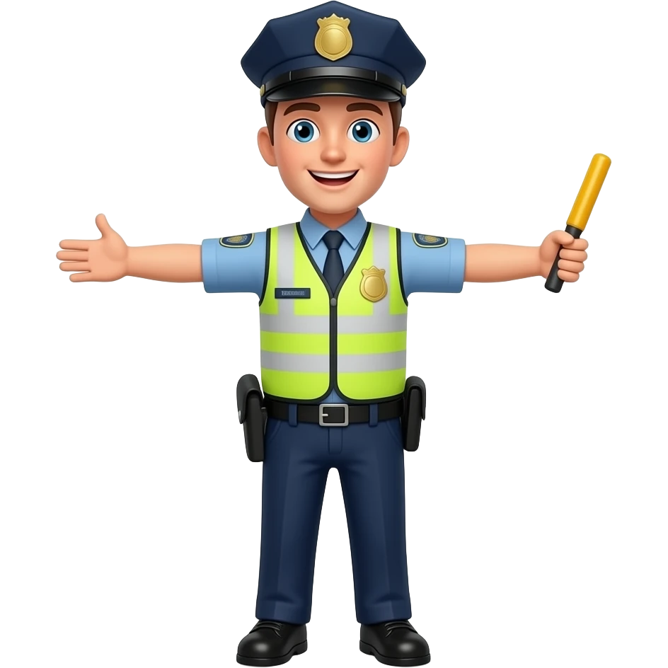 Friendly 3D emoji traffic police officer in T-pose with both arms  extended horizontally at shoulder height, fluorescent yellow safety  vest, dark blue uniform, cap, cheerful expression, traffic baton  in one hand, cartoon style, white background emoji