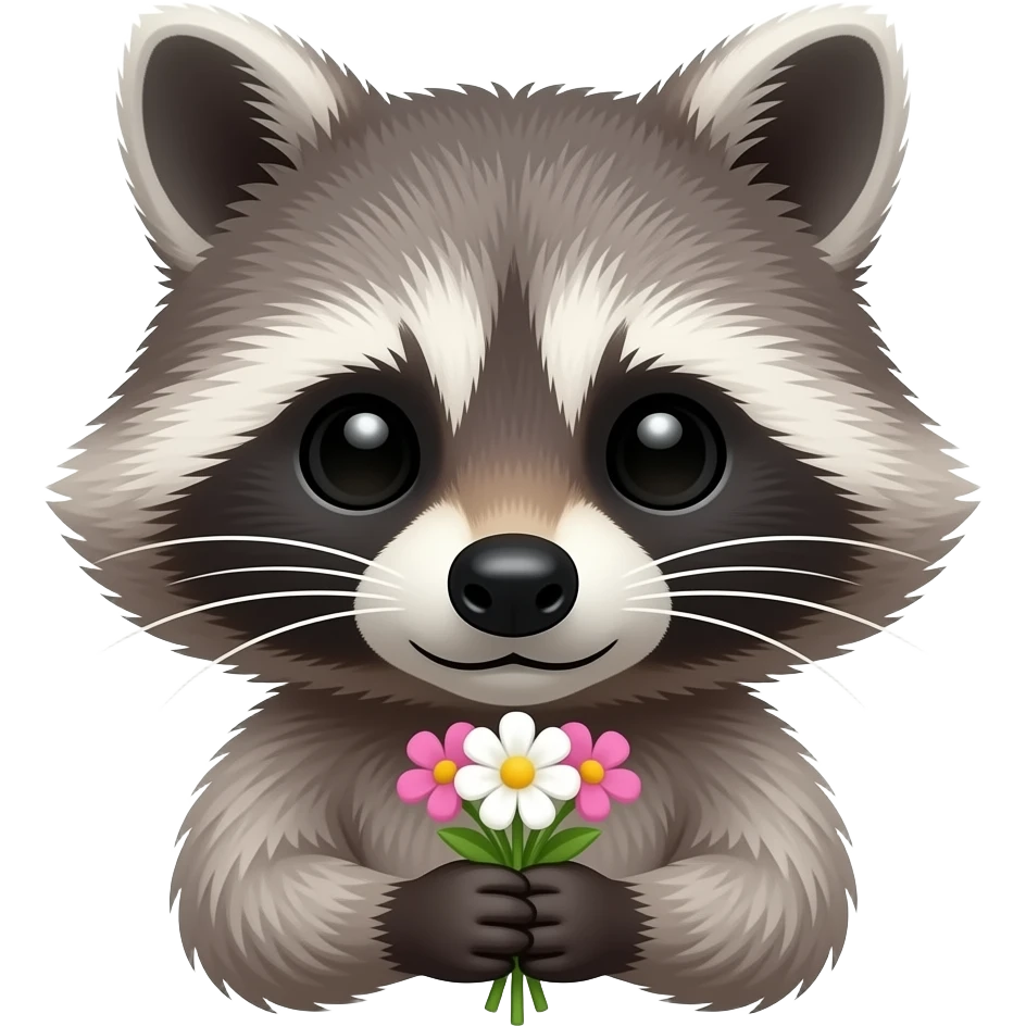 a bust shot of a racoon holding flowers emoji