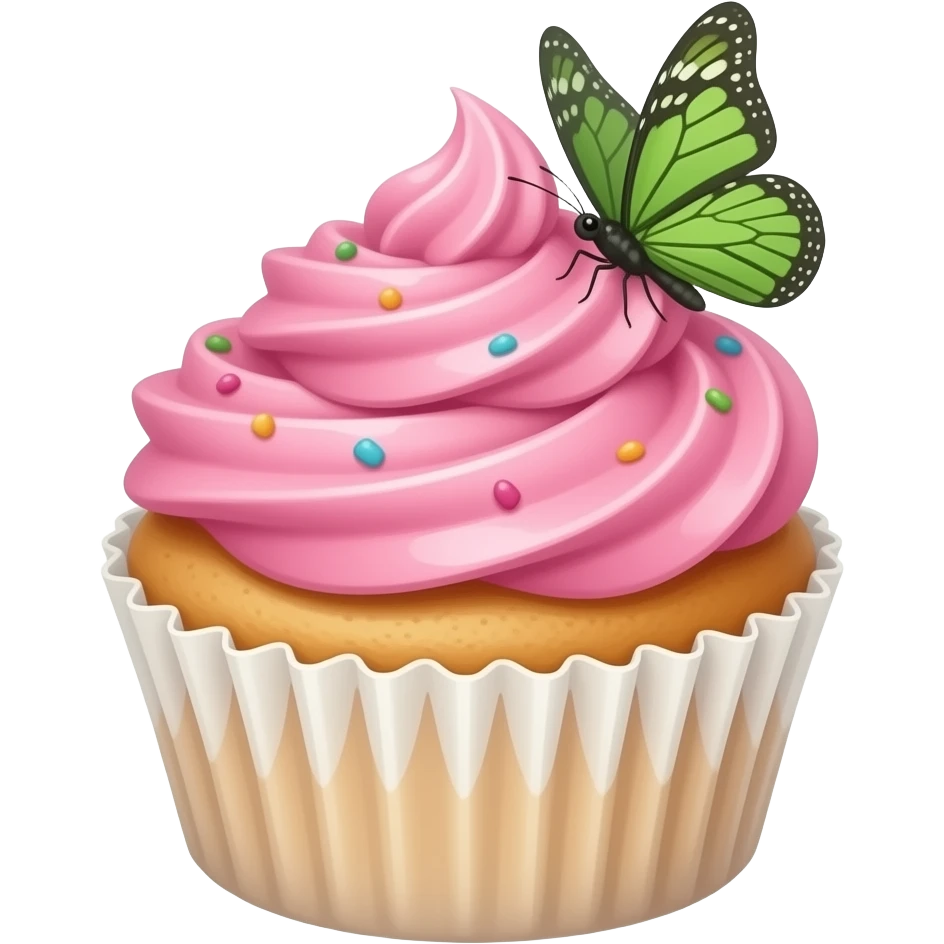 Cupcake with pink icing and green butterfly emoji