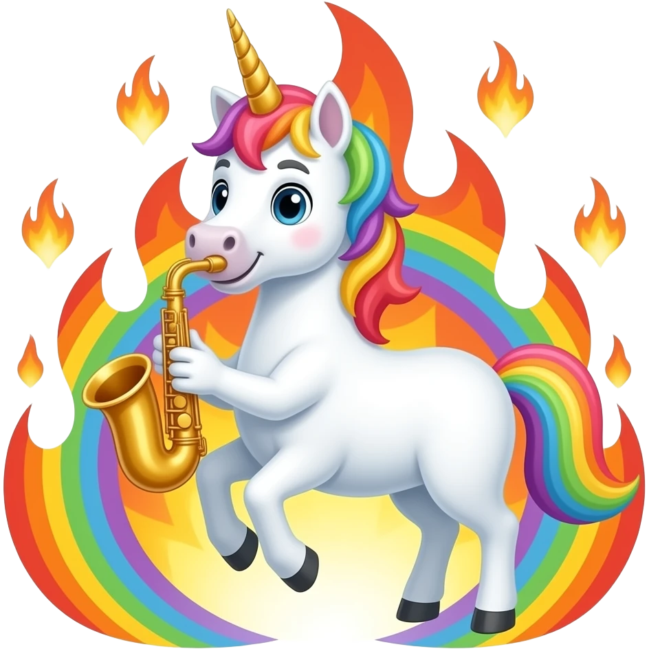 Unicorn with saxophone and rainbow fire emoji