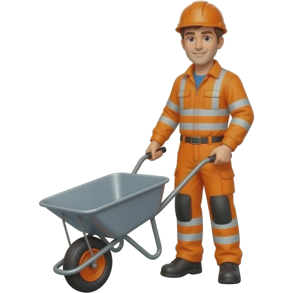 man in full orange hi-vis overalls with sleeves holding a wheelbarrow emoji
