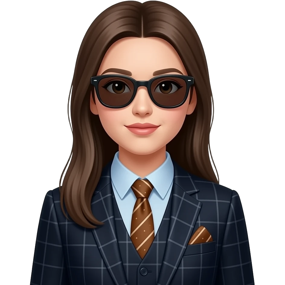 A medium shot captures a young woman with long, straight brown hair and sunglasses. She is wearing a stylish navy black plaid suit , a vest, and a light blue dress shirt. A brown tie with a subtle pattern and a patterned pocket square complete her sophisticated attire. emoji
