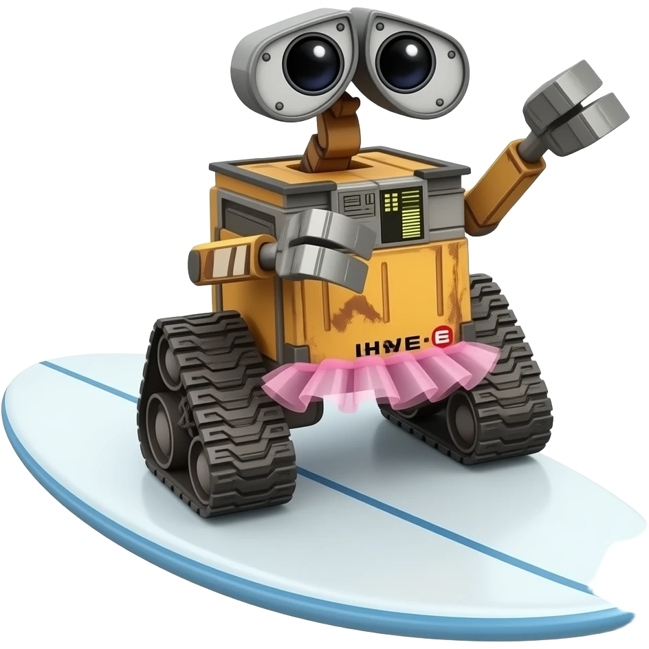 tiny wall-e wearing a tutu on a surfboard emoji