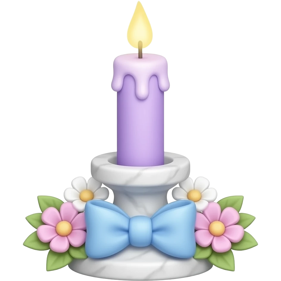 glossy soft smooth Thin tall neat petite cute slim dainty narrow Pastel violet vintage candle on a white marble-candle-holder-stand, flowers, bow tie, light-blue, pink, white, pastel purple emoji