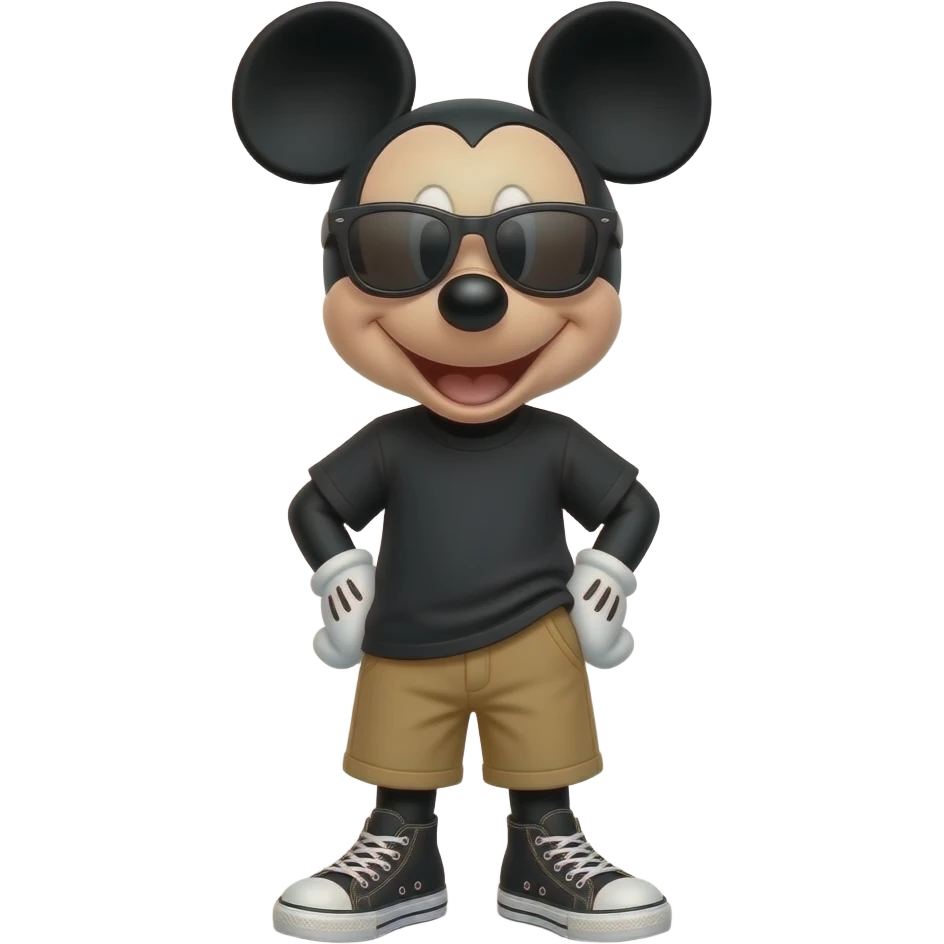 Mickey Mouse wearing large black T-shirt, tan shorts and black Converse All-Star shoes, Cool dark sunglasses, smiling happily. emoji