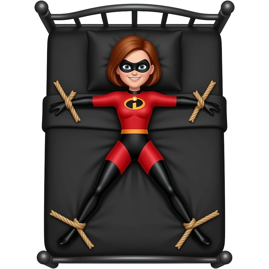 Helen Parr, Mrs. Incredible, Elastigirl, Tied to an all  black bed with a black pillow, legs and arms spread, tied to the corners of the bed emoji