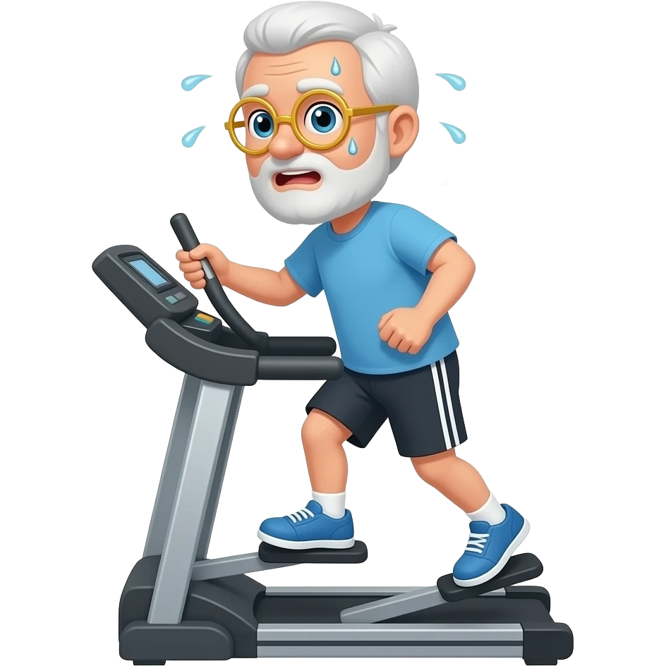 Äldre man med lite vitt hår och skäggstubb och runda guldbågade glasögonhel sjö ståendes på crosstrainer som svettas väldogt myckey emoji