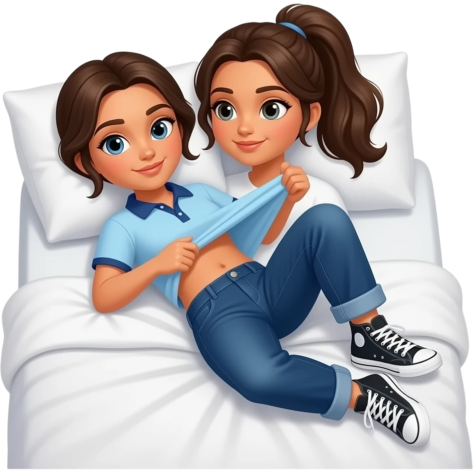 Hispanic girl with brown ponytail and blue eyes light blue and dark blue polo and dark blue baggy jeans and belly button laying down on her pillow on her bed showing her white and black sneakers lifting her shirt emoji