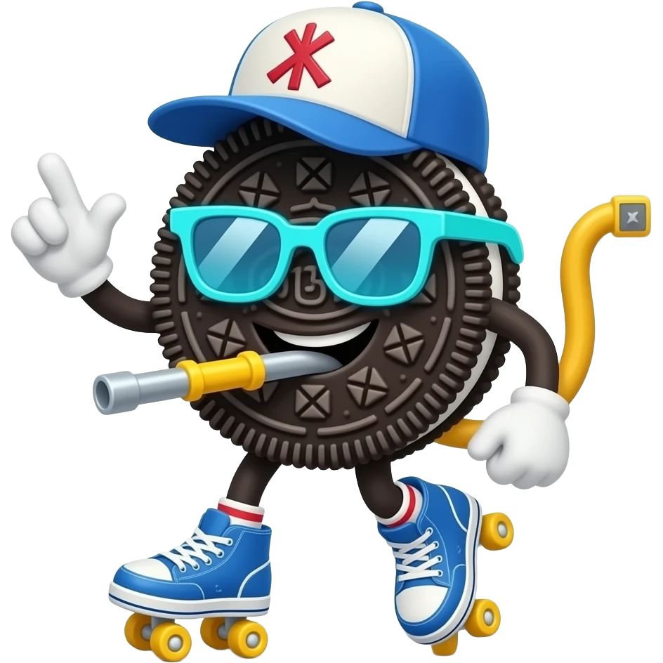 una galleta oreo animada con rasgos de caricatura de los años 30 (estilo Rubber Hose, como Mickey clásico o Cuphead) pero con colores modernos. Puede llevar patines, gorra hacia atrás o lentes de sol futuristas para darle ese aire Y2K. emoji