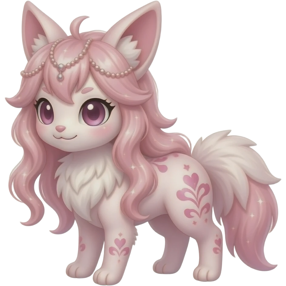 Fuzzy slim oriental thin fine neat feathery long-haired beaded mane cozy rosy aesthetic Rosy beautiful gorgeous pretty Petite shiny glossy sparkly romantic pastel damask Absol-Sylveon-Amaura-Aurorus-Espeon-Fakemon-hybrid with heart sparkle patterns emoji