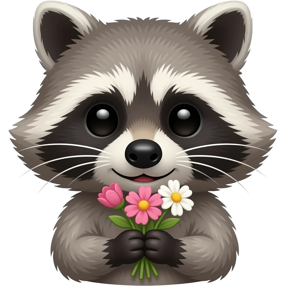 a bust shot of a cute racoon holding flowers emoji