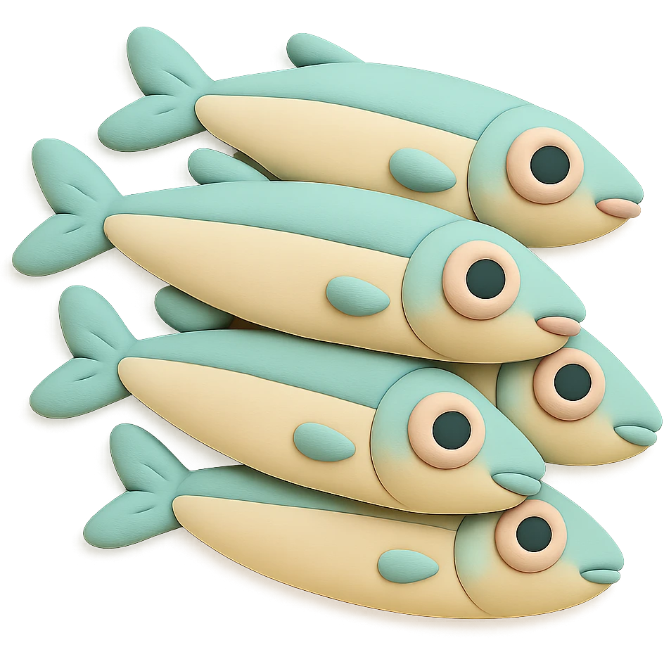 Edit the image to depict anchovies in fondant cake art style with pastel colors, soft and playful appearance, no background, and no text. emoji