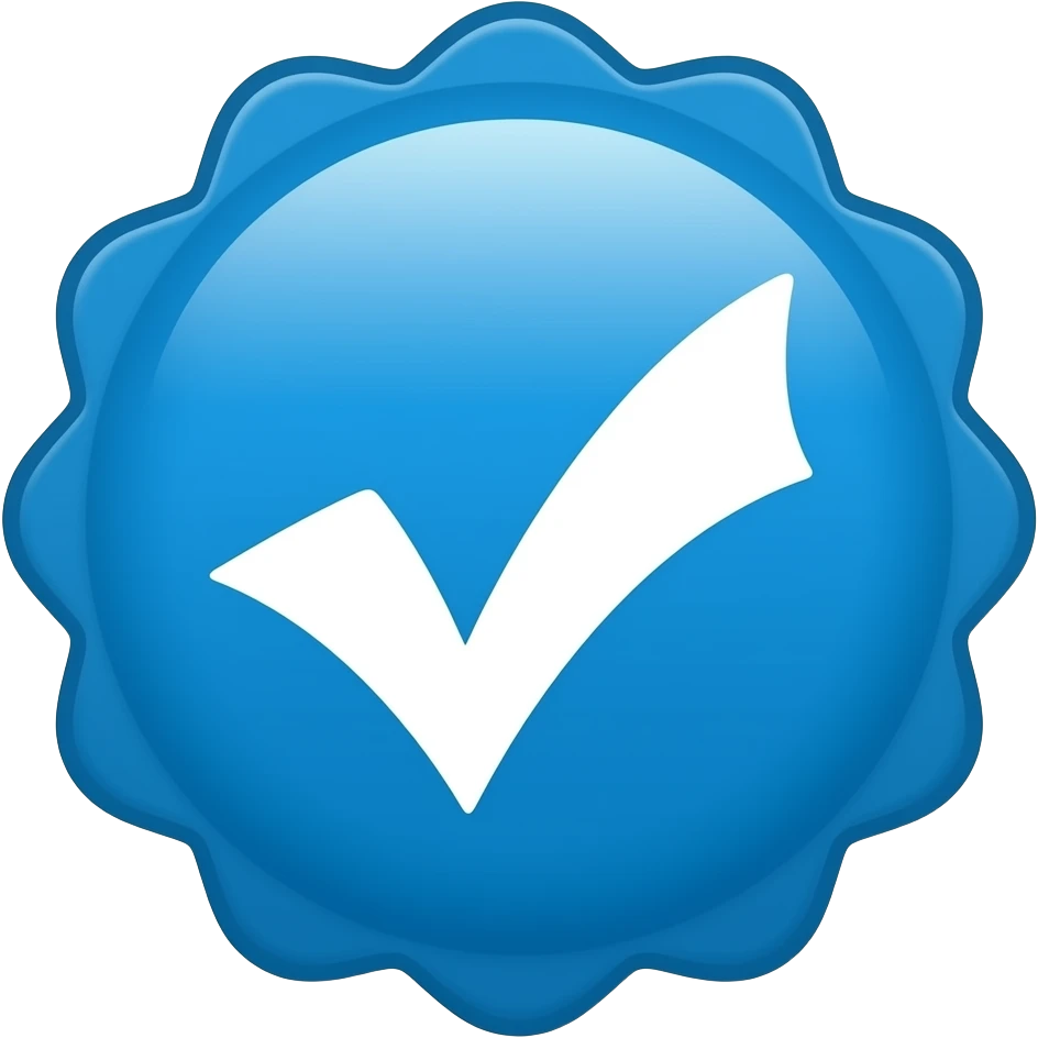 Vibrant blue scalloped badge icon featuring a thick, white rounded checkmark in the center, set against a clean, flat, minimalist background for a professional look. emoji