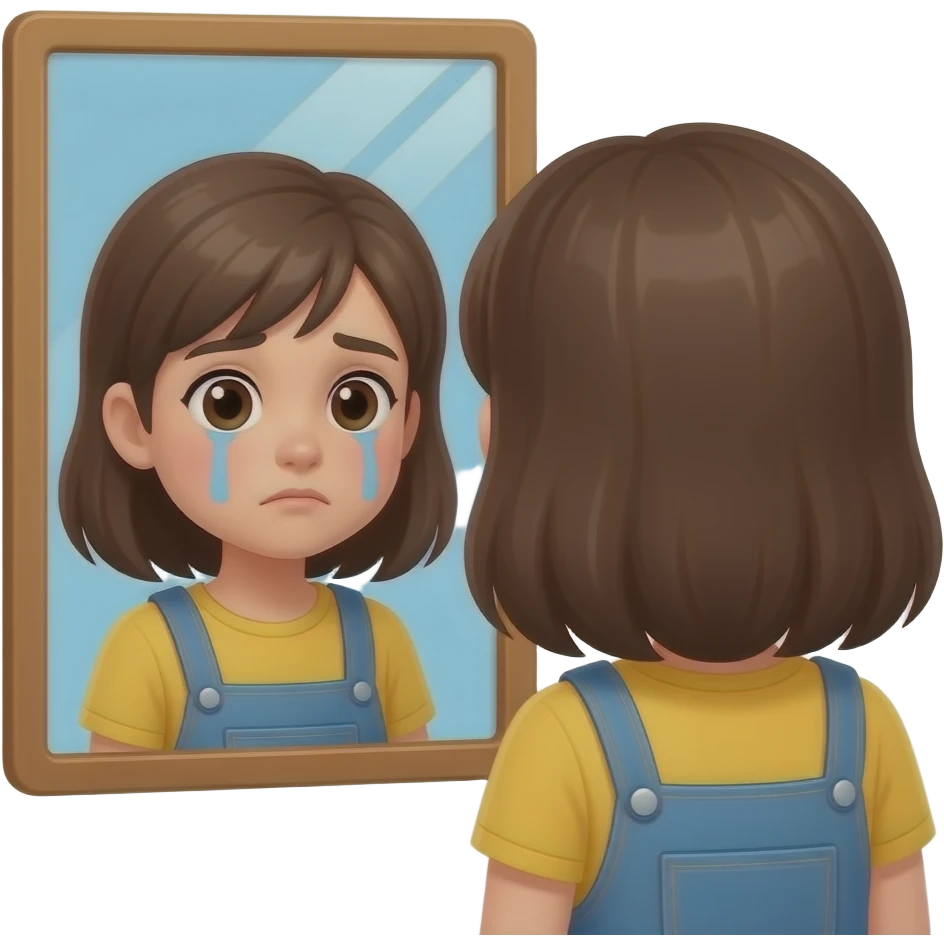 The girl looks in the mirror sadly. emoji