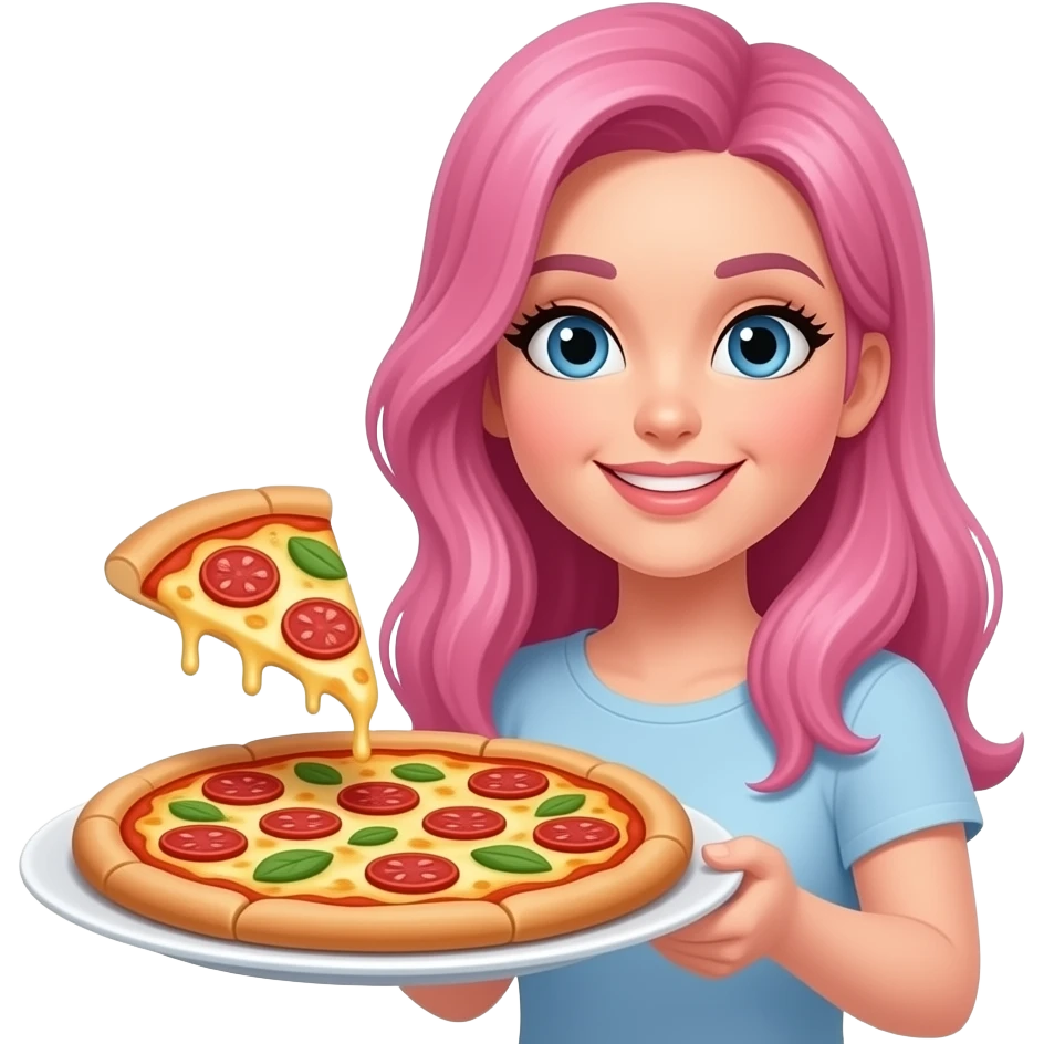Woman with pink hair and blue eyes serving pizza emoji