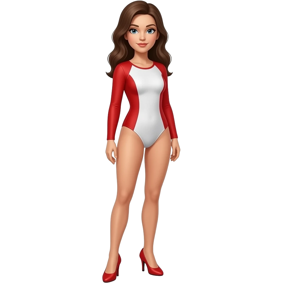 Woman in long sleeve red and white leotard wearing high heels and standing emoji