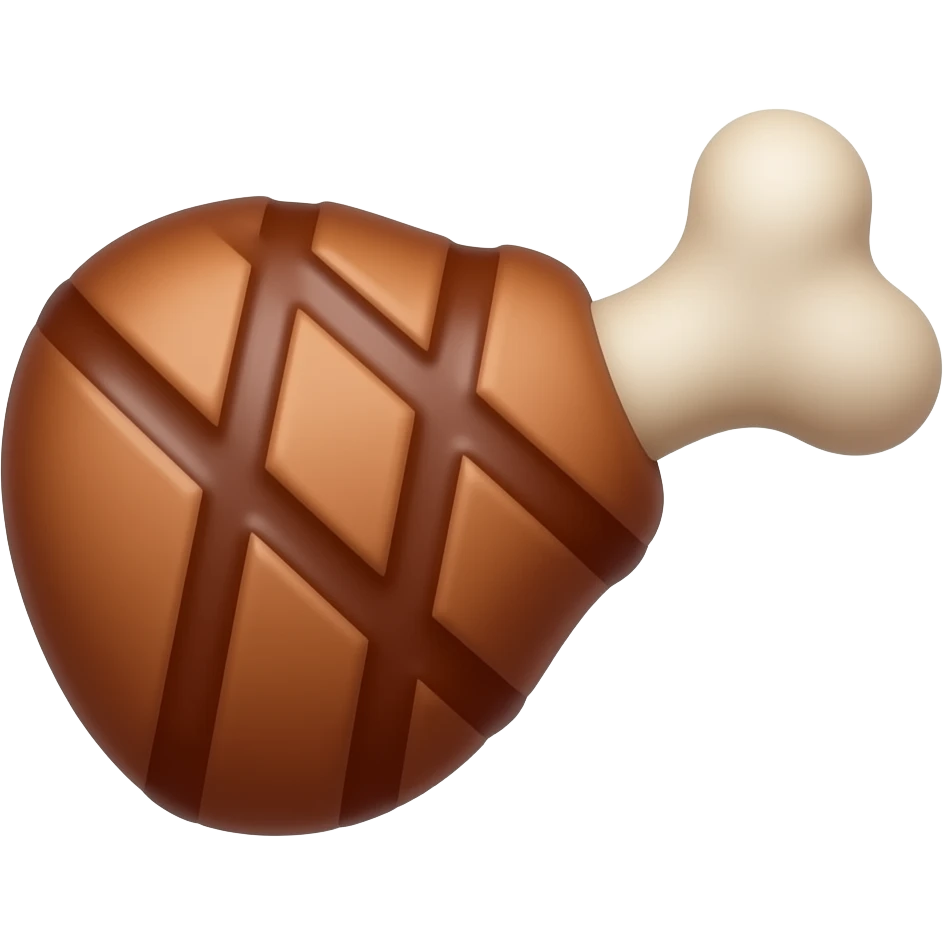 iOS-like 3D meat-on-bone emoji icon, cute roasted meat with a bone, glossy rounded texture, warm brown grilled surface, simple minimal shape, clean white background, centered composition, high quality. No plate, no fruit, no background objects. emoji