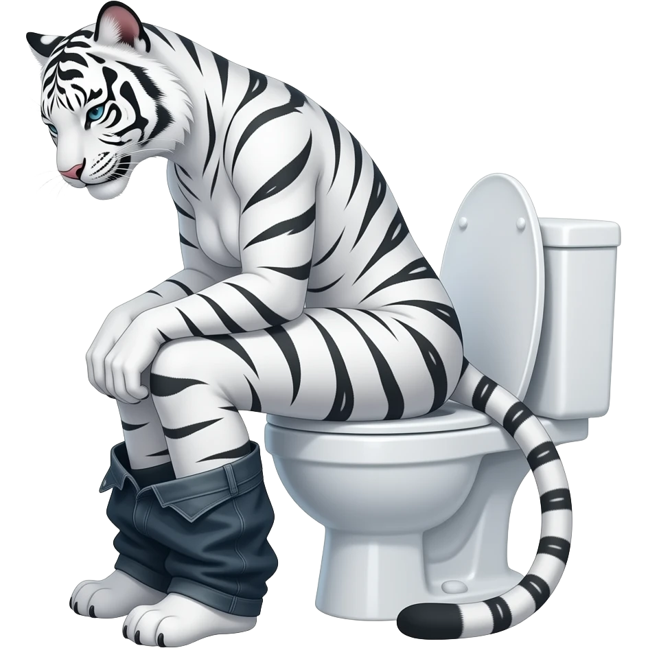Female white tiger furry person woman,sit on toilet,suffering,fursona,pants down,side view emoji