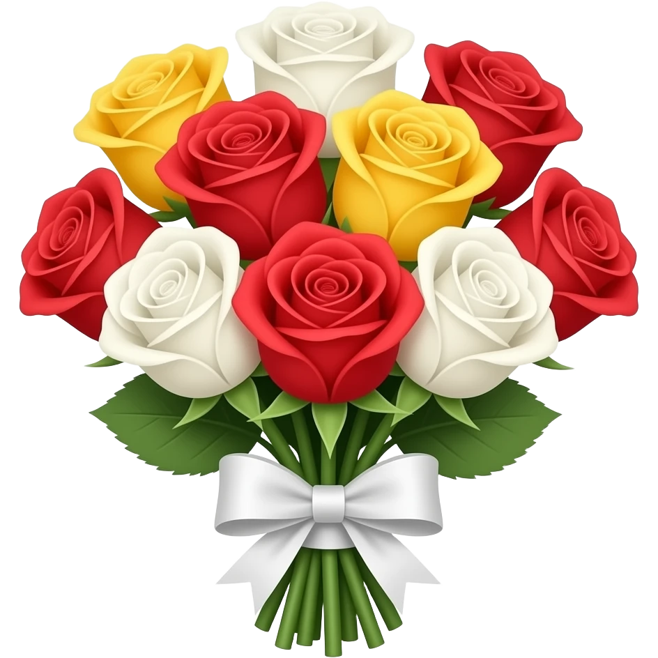 A small bundle of red,yellow,white roses with soft petals, tied together with a simple white ribbon bow emoji