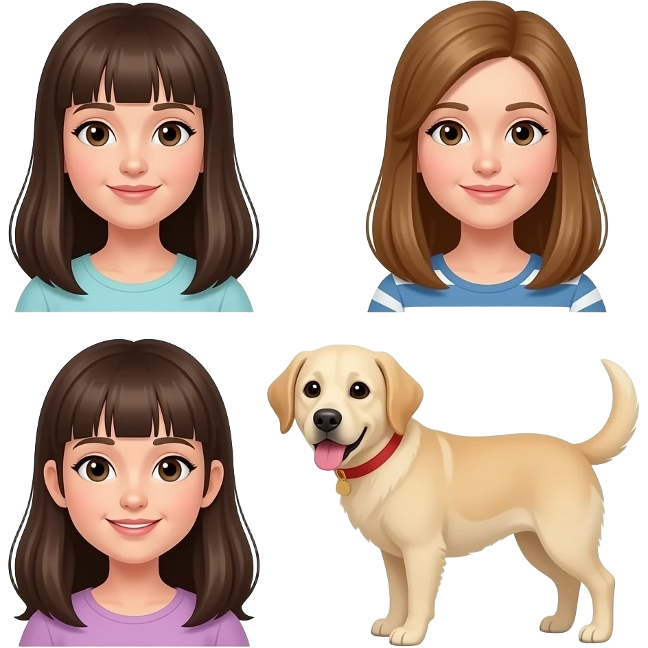mamma con frangetta e capelli lunghi e una grande figlia adulta  capelli marrone chiaro e occhi marrone abbracciate ad una cagnolina beige emoji