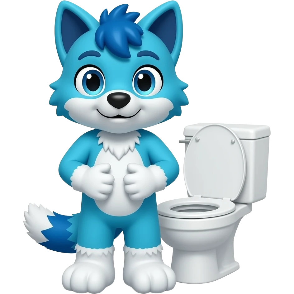 blue fursuit standing out side a toilet with hands on stomach emoji