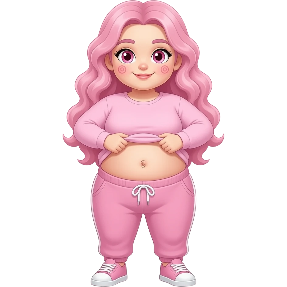 White obese girl pink eyes light pink swirly long hair pink swirl cheeks light pink plain long sleeve shirt light pink sweat pants light pink shoes lifting her shirt showing swirly belly button with pink background emoji