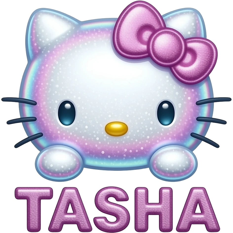 Shiny glitter holographic pink and blue colored glass hello Kitty head with bubble letters TASHA below the front paws emoji