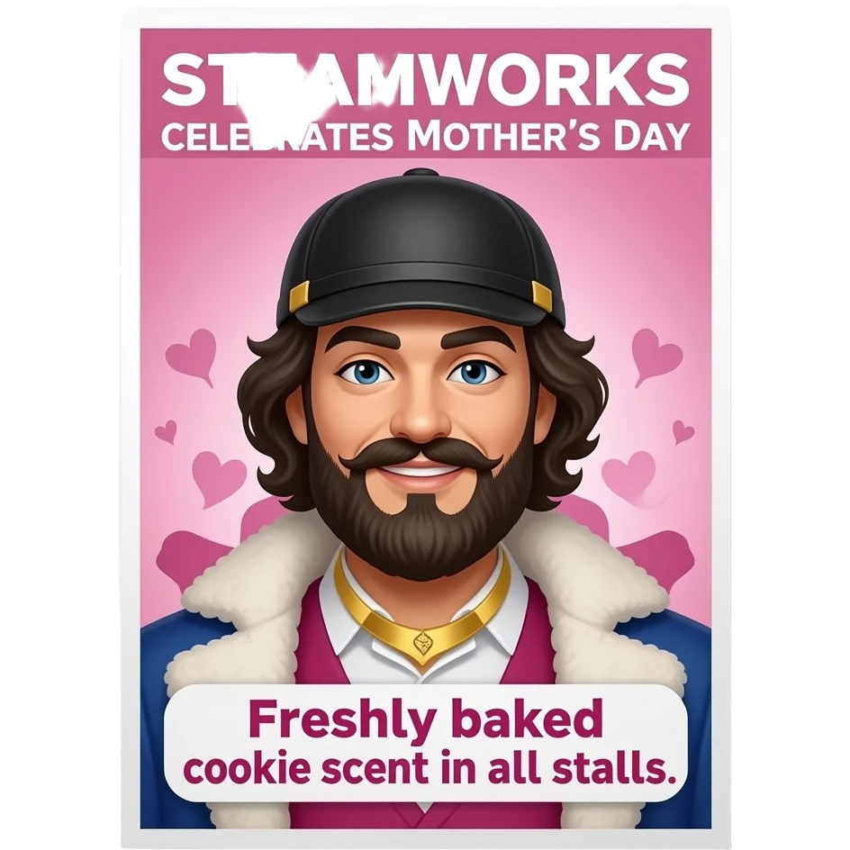 Poster for SteamWorks gay bathhouse with the text: "SteamWorks, celebrates Mothers Day" + "Freshly baked cookie scent in all stalls." With bearded drag queen mom, no women  theme. emoji