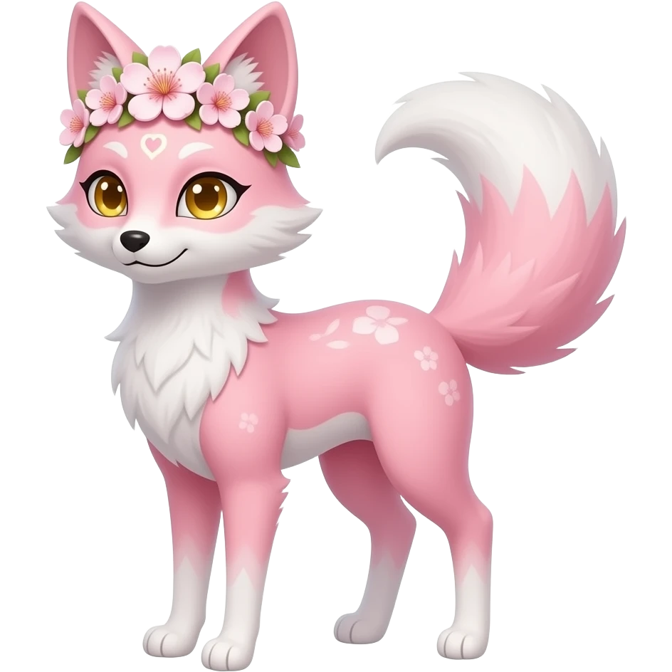 Elegant, flower-crowned pretty beautiful Sakura petite tall thin realistic lanky aesthetic golden-eyed sparkling glittering pastel pink and white oriental Kitsune-fox, tall furry legs, long thin tail, long thin tufted ears swept backwards emoji