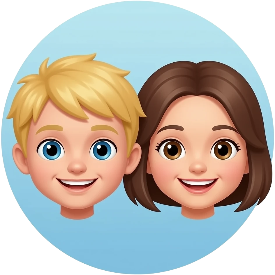 little boy with blonde hair and blue eyes next to little girl with brown hair and brown eyes. Both smiling, just their heads floating inside a circle emoji