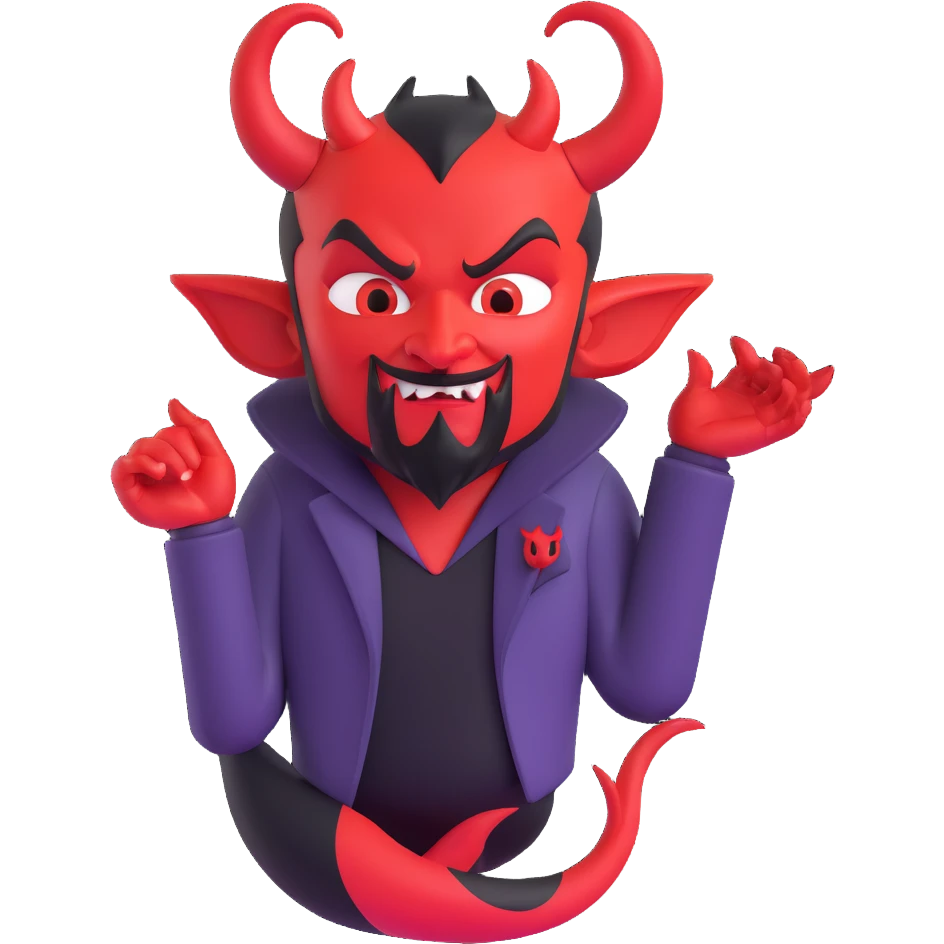 satan character, 3/4 view, classic devil, red skin, black goatee, pointed tail emoji