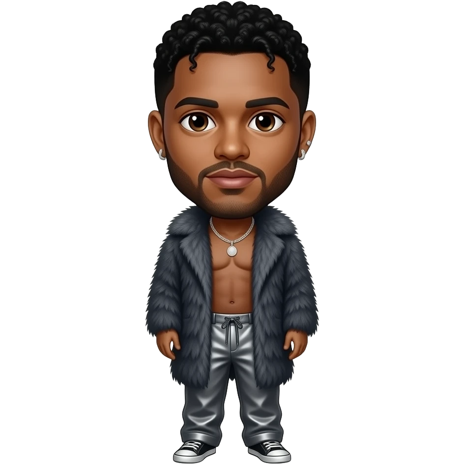 The Weeknd with dark brown eyes, black hair, dark grey fur shawl, charcoal grey metallic baggy pants, shirtless with necklace and earrings emoji