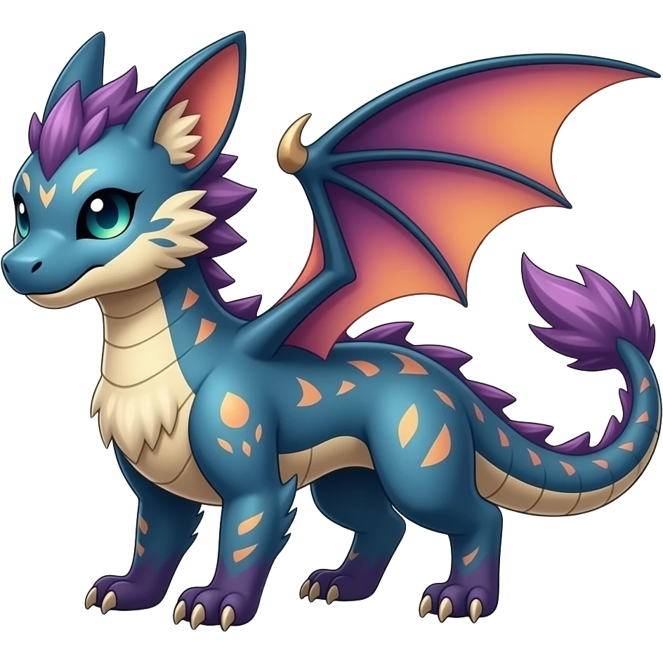 Beautiful pretty cool edgy elegant realistic Feral Rare Fantasy colorful vibrant Vernid-Trico-Haku-dragon-species-Fakemon-creature by LiLaiRa, random markings, tufted tail, tufted ears, full body emoji