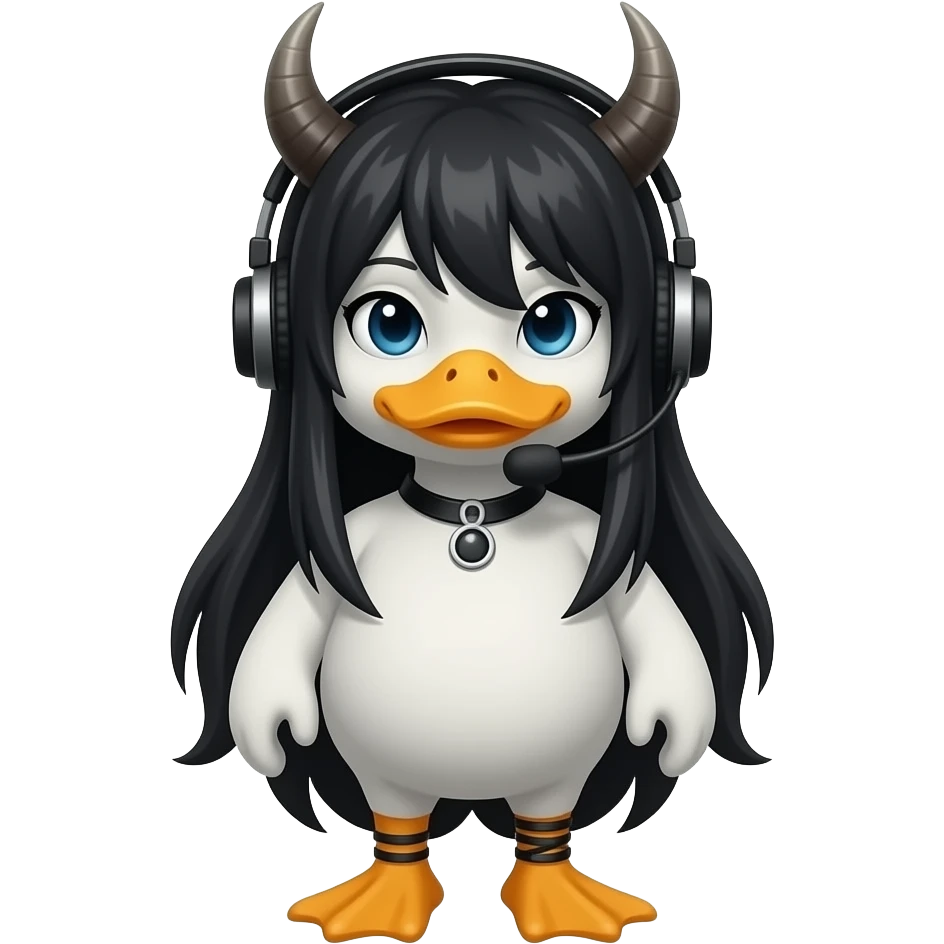goth women duck, with long black hair, headset without a mic and horns emoji