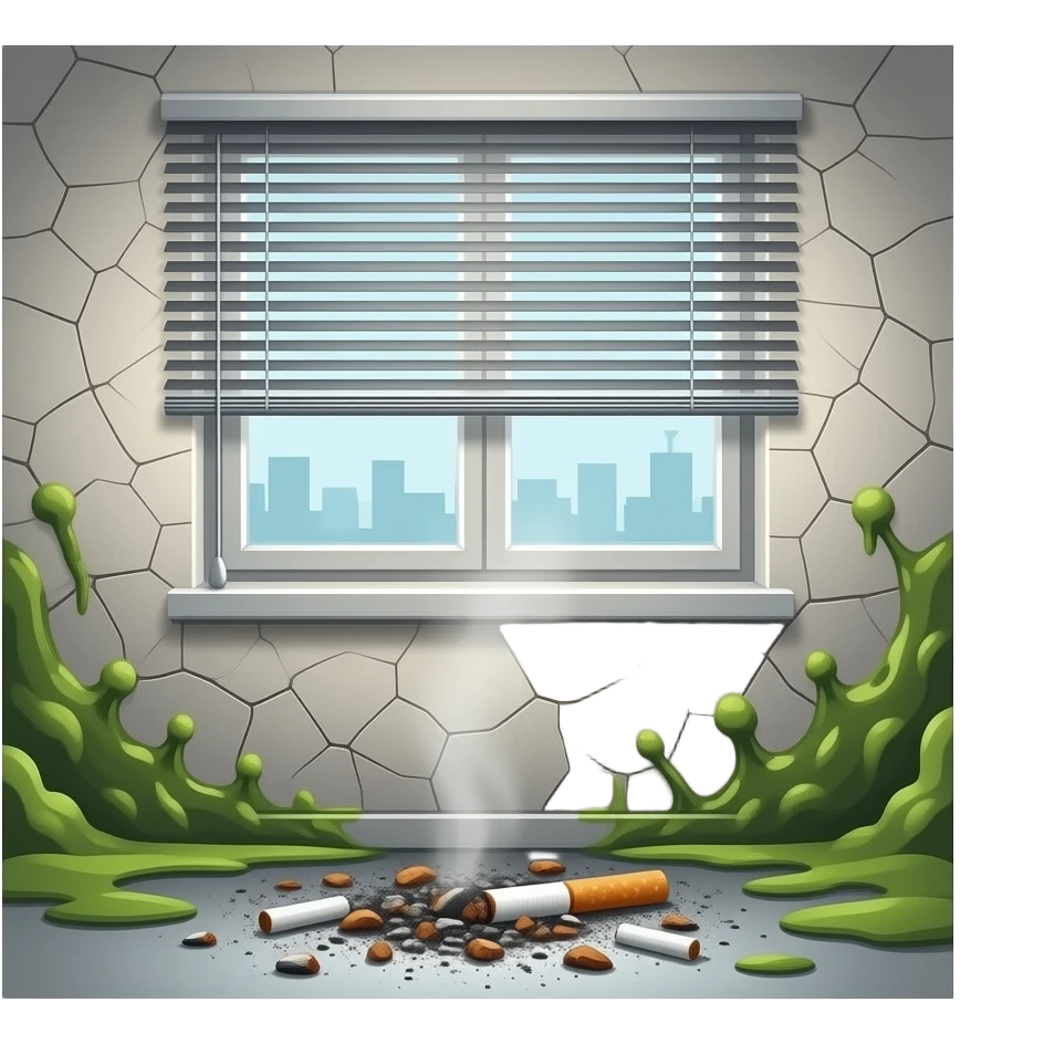 cigarette ashes, mold, broken blinds emoji