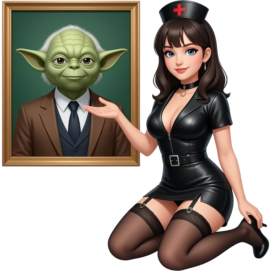 Nurse in black outfit, with garter belt and large breasts, low cut black leather outfit, kneeling in front of schoolmaster yoda emoji