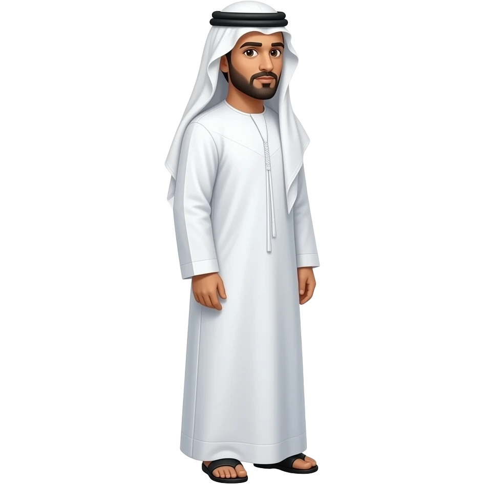 Make gulf man standing I can see his until his feet  facing right side wearing thobe make him stand and make lighter face color not brown emoji