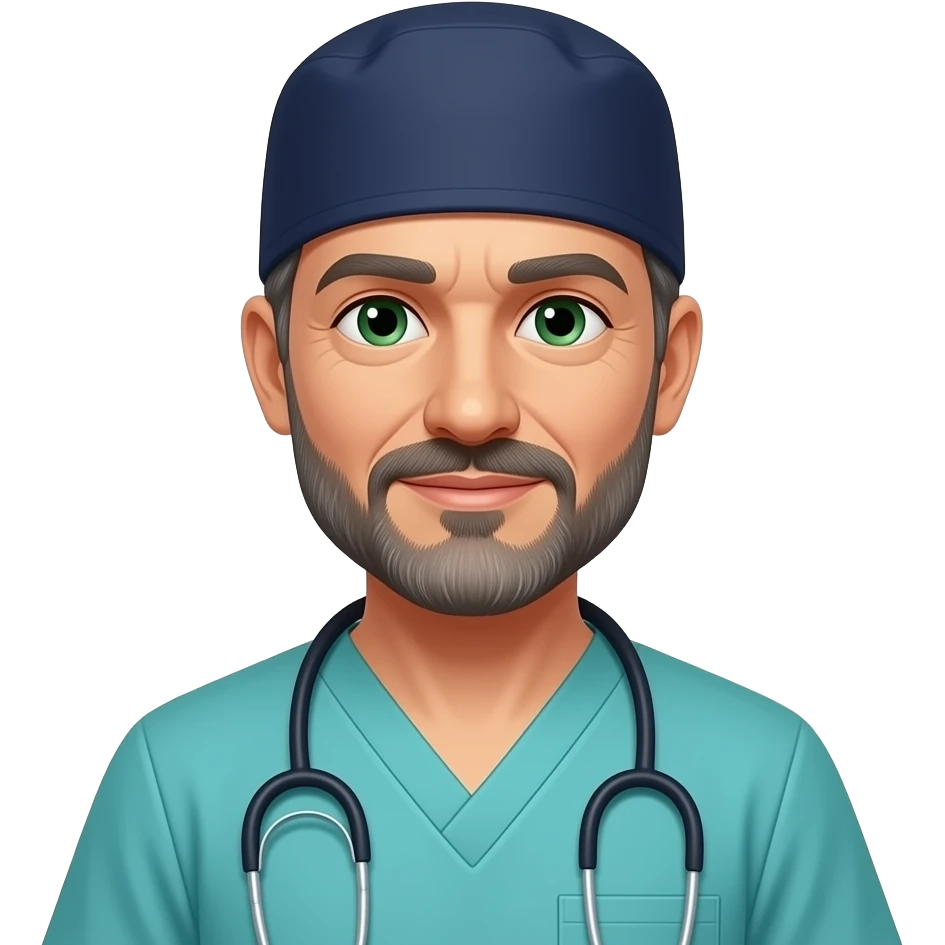 middle aged doctor with dark gray hair, beard stubble and green eyes in dark navy scub cap, torquoise scrubs with no eyeware emoji